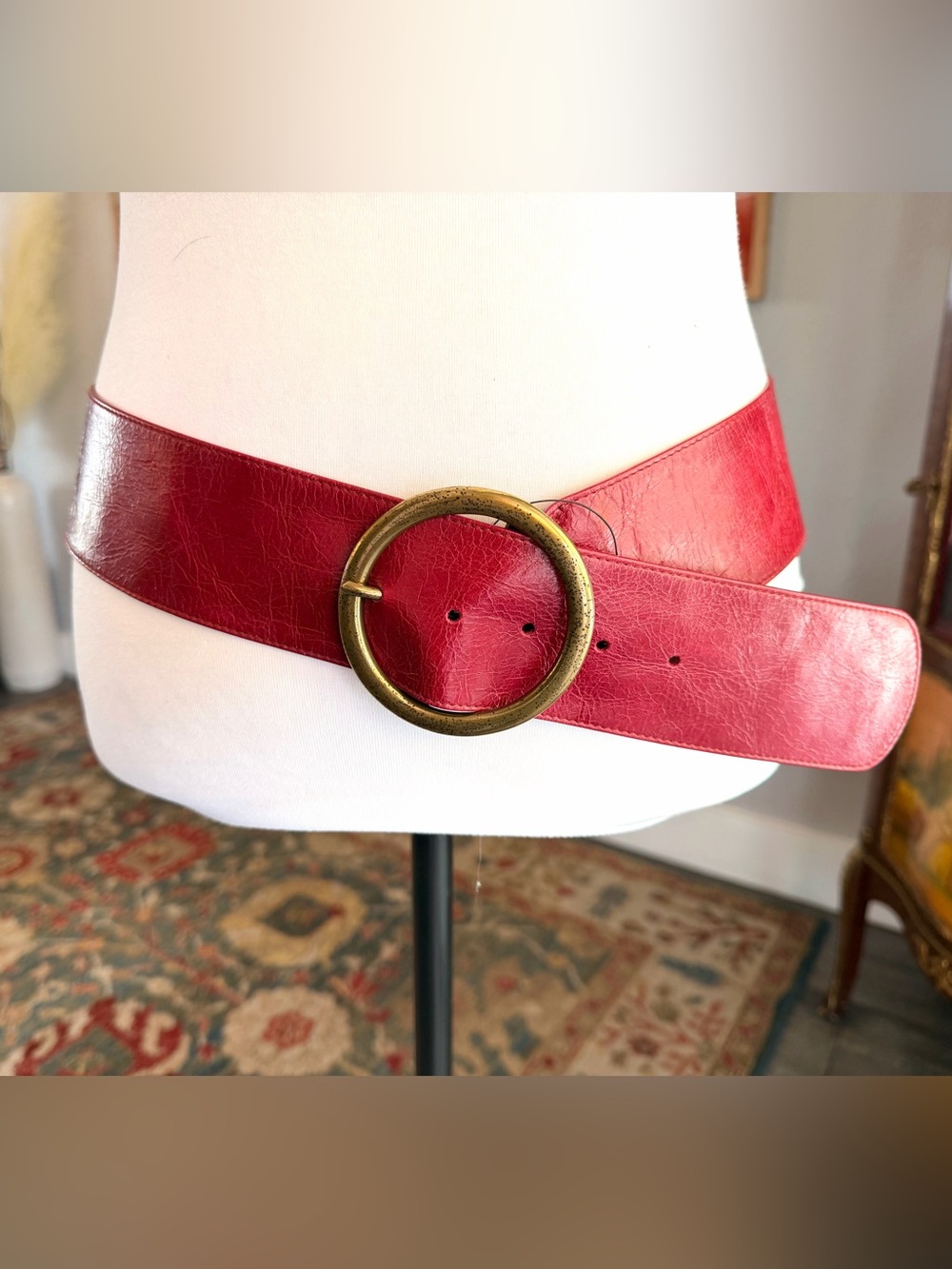 HOBO Red Leather Belt with Round Brass-Tone Buckle